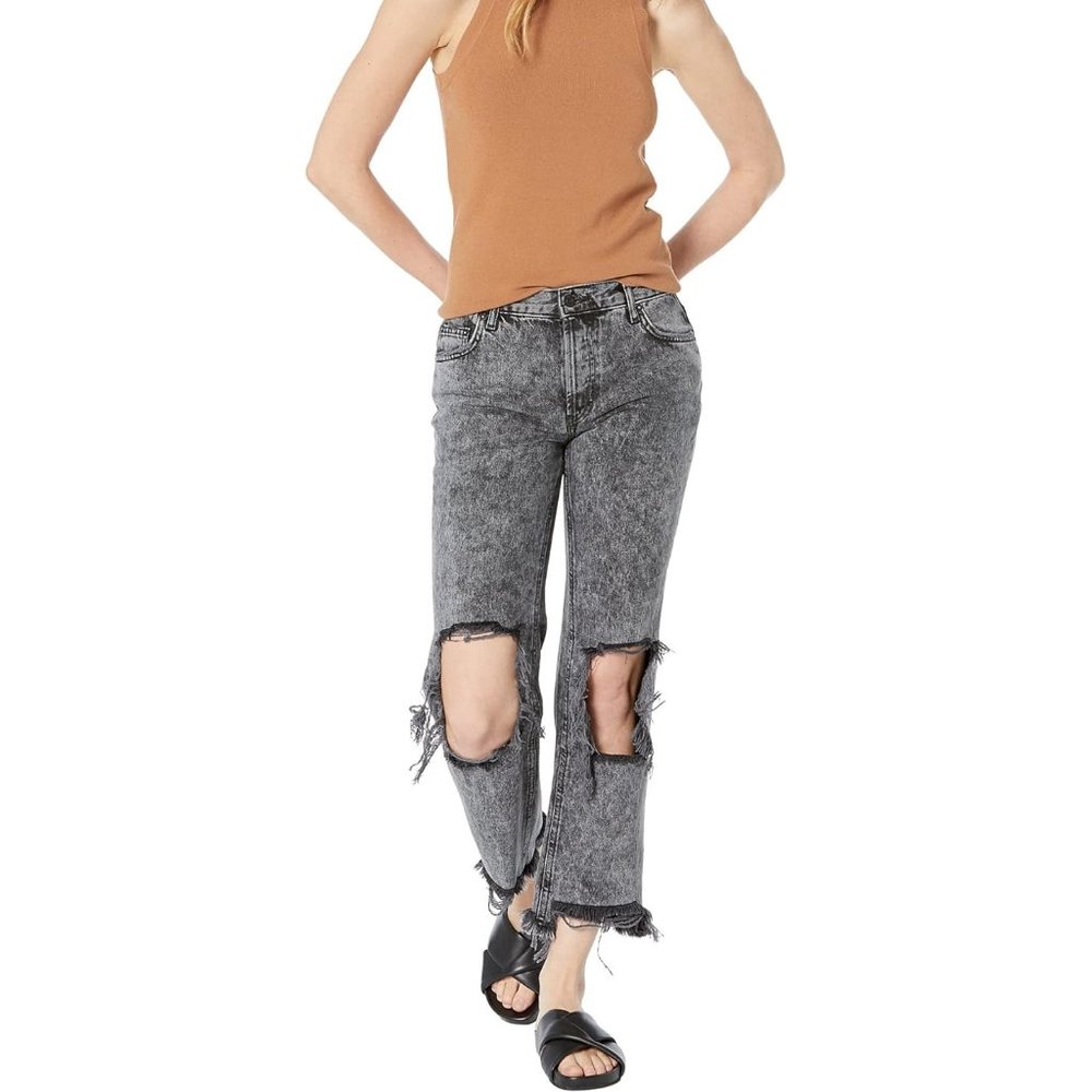 NWT Free People Maggie Mid-Rise Straight Leg Jeans Bottlerocket Black Size 25